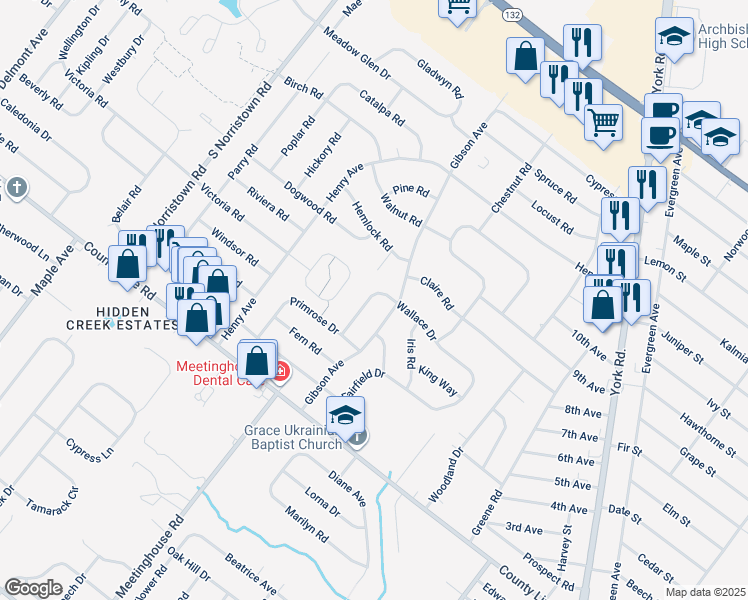 map of restaurants, bars, coffee shops, grocery stores, and more near 124 Wallace Drive in Warminster