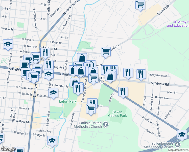 map of restaurants, bars, coffee shops, grocery stores, and more near 437 East High Street in Carlisle