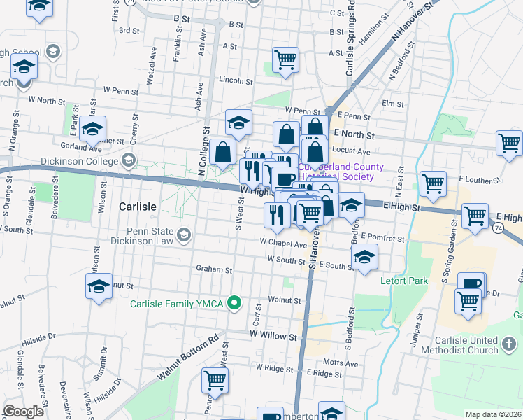 map of restaurants, bars, coffee shops, grocery stores, and more near 150 West High Street in Carlisle