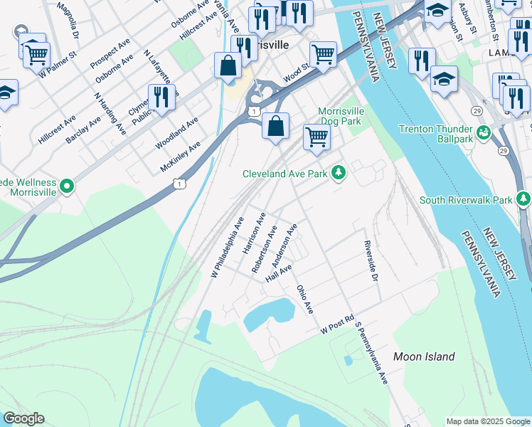 map of restaurants, bars, coffee shops, grocery stores, and more near 103 Harrison Avenue in Morrisville