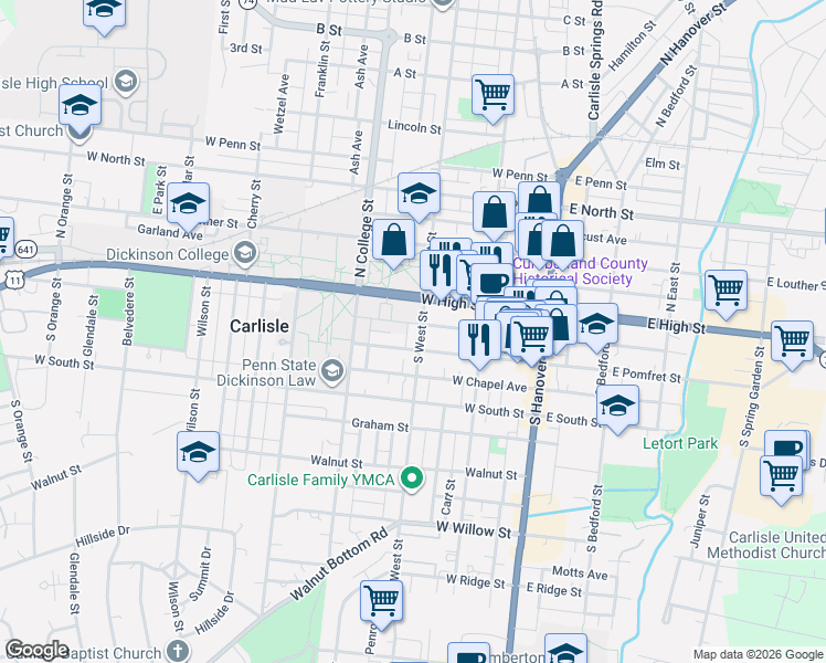 map of restaurants, bars, coffee shops, grocery stores, and more near 212 West High Street in Carlisle