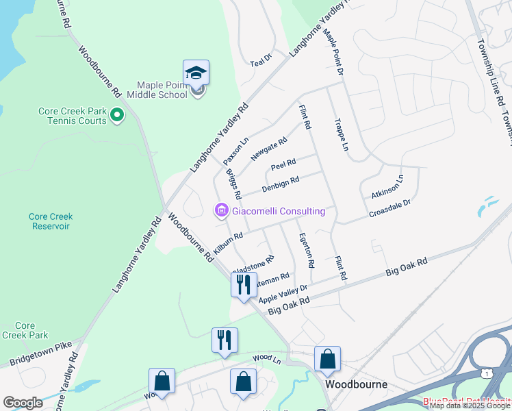 map of restaurants, bars, coffee shops, grocery stores, and more near 921 Quaker Circle in Langhorne