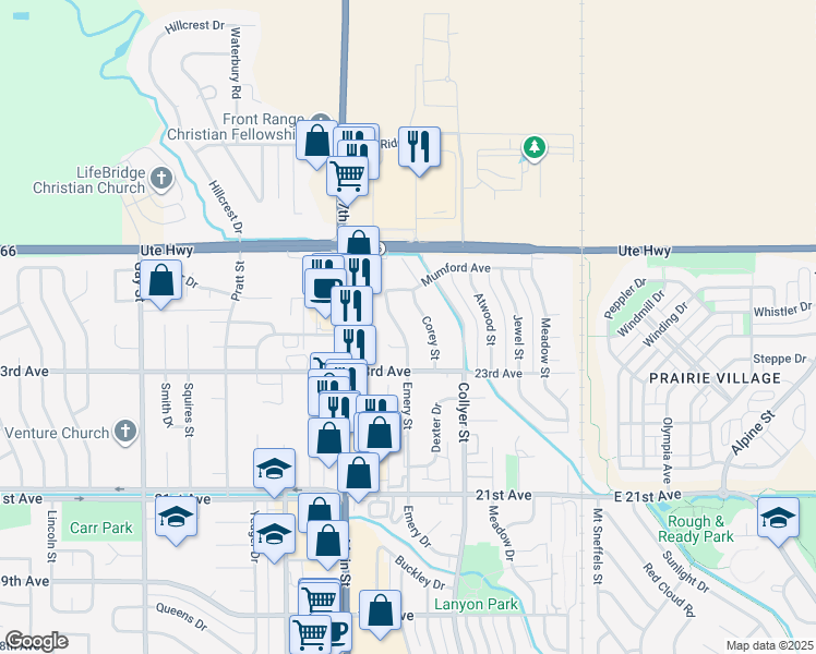map of restaurants, bars, coffee shops, grocery stores, and more near 2408 Emery Street in Longmont