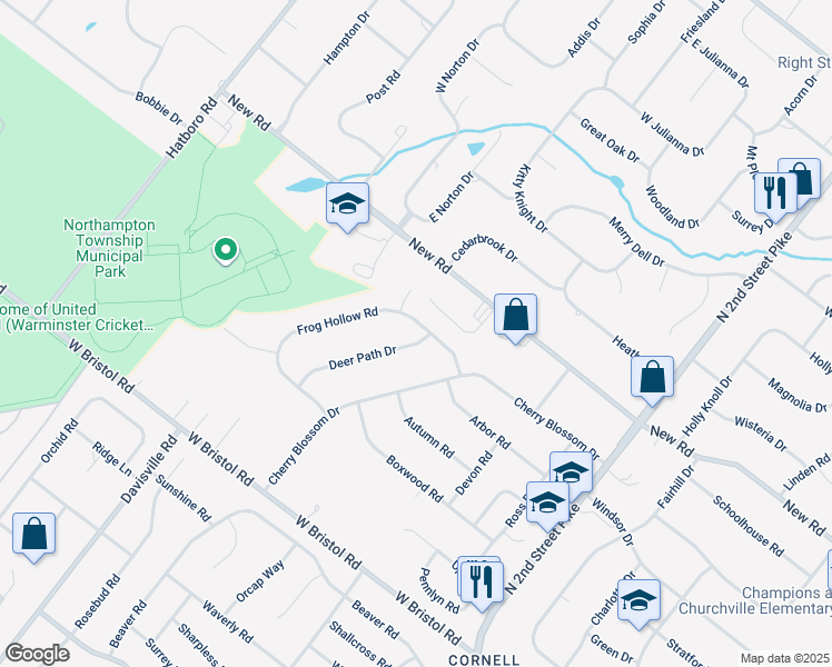 map of restaurants, bars, coffee shops, grocery stores, and more near 123 Deer Path Drive in Churchville