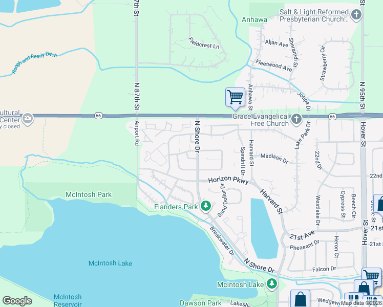 map of restaurants, bars, coffee shops, grocery stores, and more near 2303 North Shore Drive in Longmont