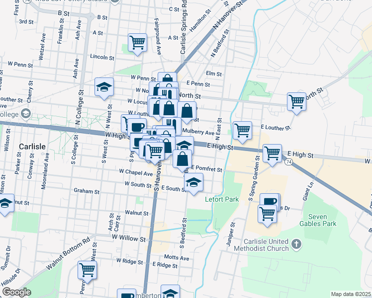 map of restaurants, bars, coffee shops, grocery stores, and more near 37 East High Street in Carlisle