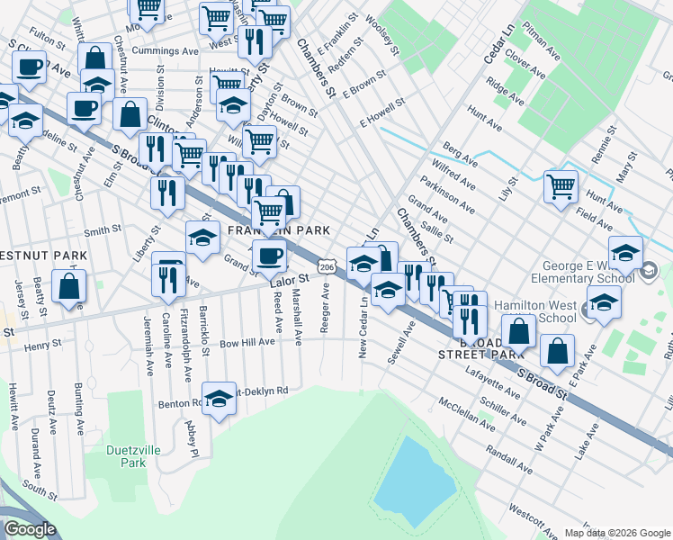 map of restaurants, bars, coffee shops, grocery stores, and more near S Broad St & Lalor St in Trenton