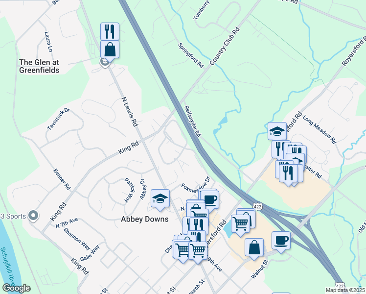 map of restaurants, bars, coffee shops, grocery stores, and more near 2028 Foxmeadow Drive in Royersford