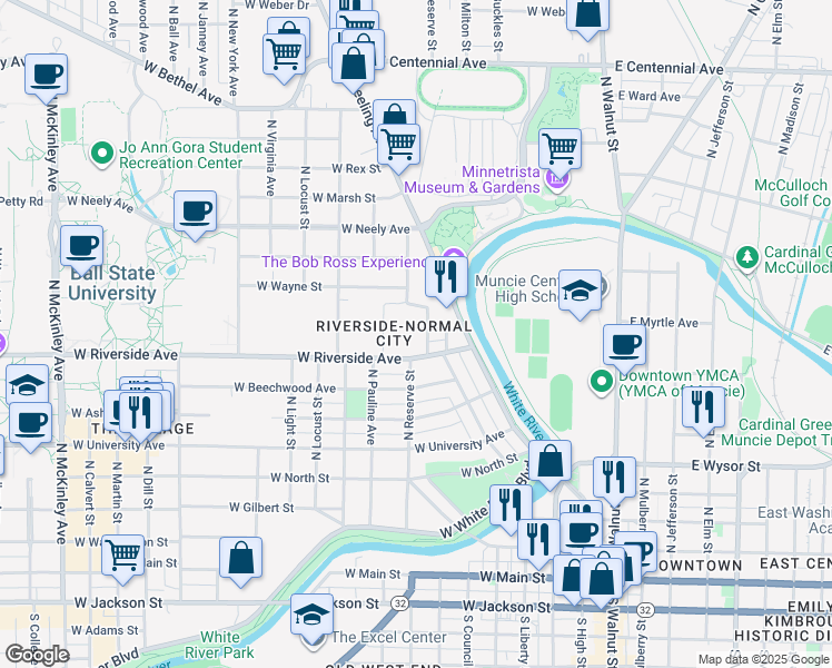 map of restaurants, bars, coffee shops, grocery stores, and more near 709 West Queen Street in Muncie