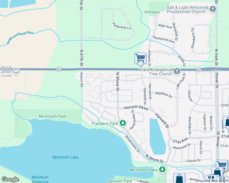 map of restaurants, bars, coffee shops, grocery stores, and more near 2303 North Shore Drive in Longmont