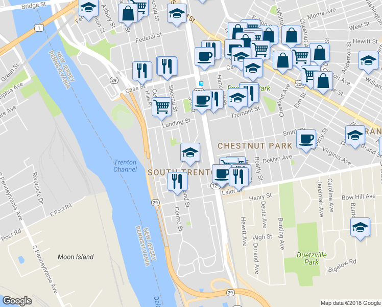 map of restaurants, bars, coffee shops, grocery stores, and more near 656 Second Street in Trenton