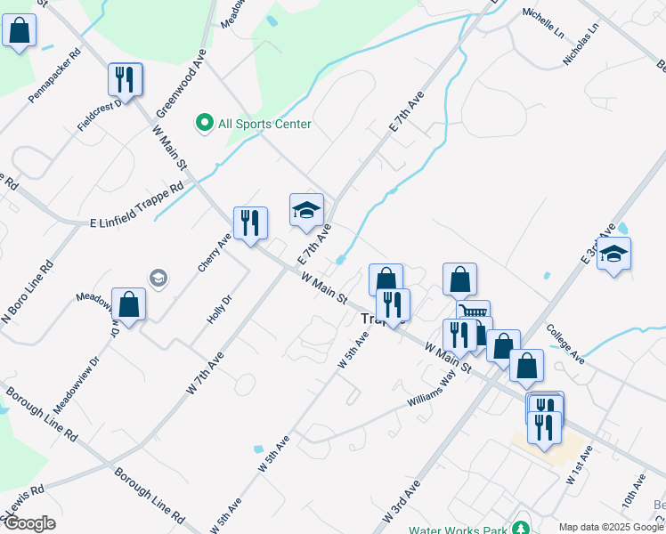 map of restaurants, bars, coffee shops, grocery stores, and more near 50 East 7th Avenue in Collegeville
