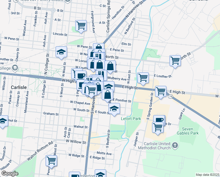 map of restaurants, bars, coffee shops, grocery stores, and more near 37 East High Street in Carlisle