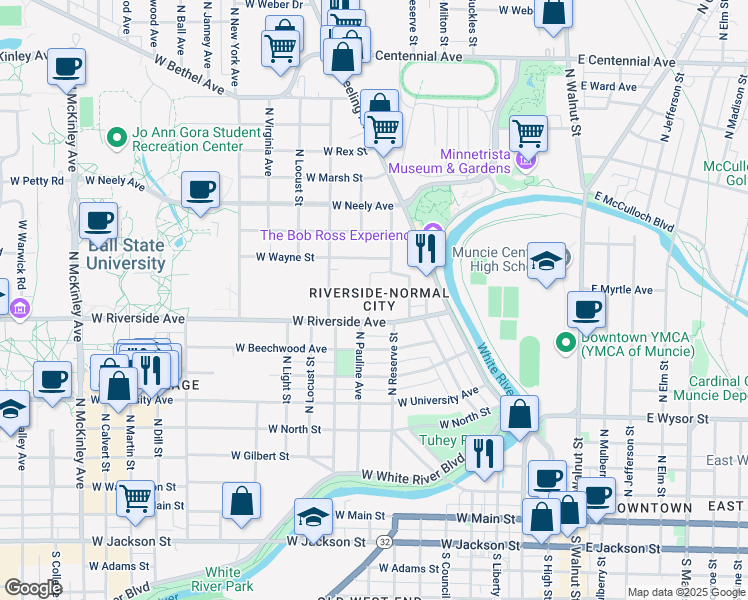 map of restaurants, bars, coffee shops, grocery stores, and more near in Muncie