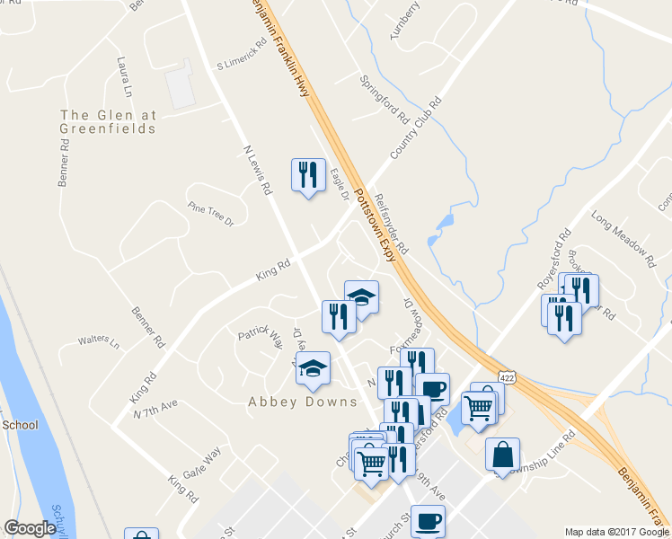 map of restaurants, bars, coffee shops, grocery stores, and more near 2014 Foxmeadow Drive in Royersford