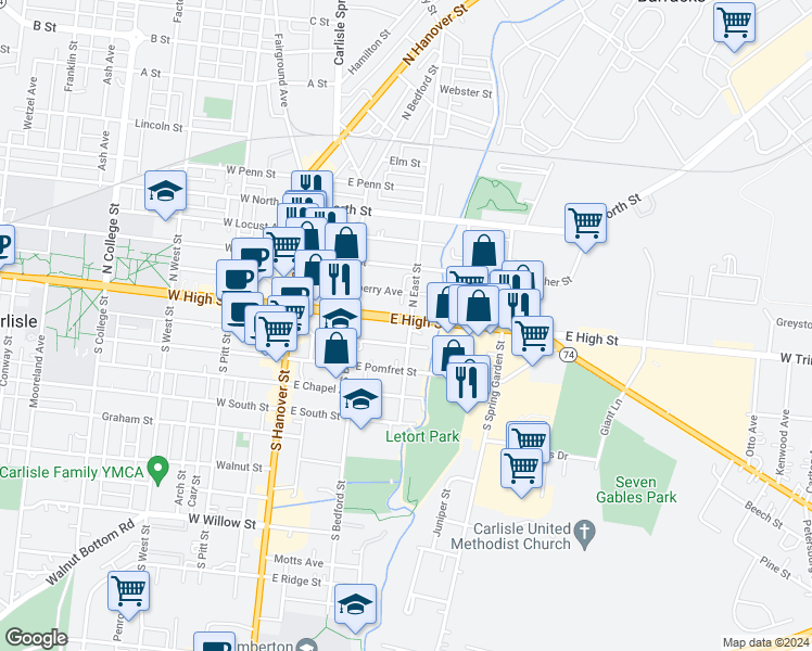 map of restaurants, bars, coffee shops, grocery stores, and more near 174 East High Street in Carlisle