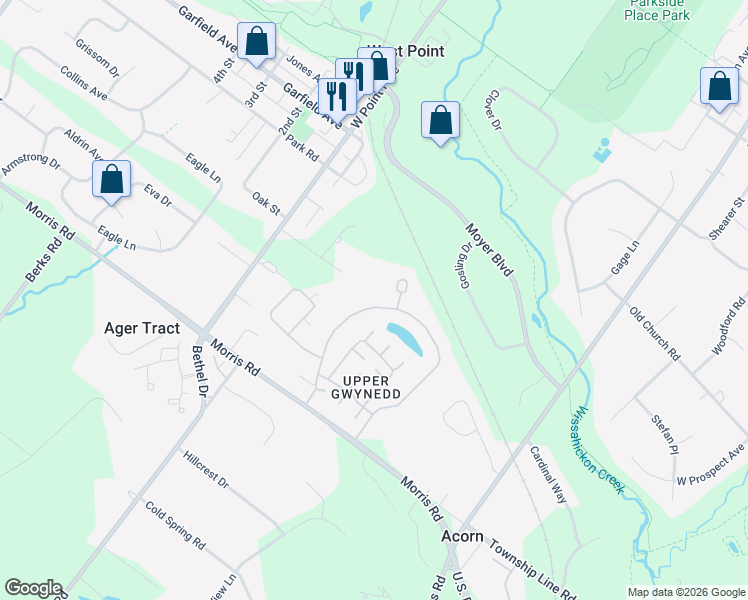 map of restaurants, bars, coffee shops, grocery stores, and more near 1953 West Point Pike in Lansdale