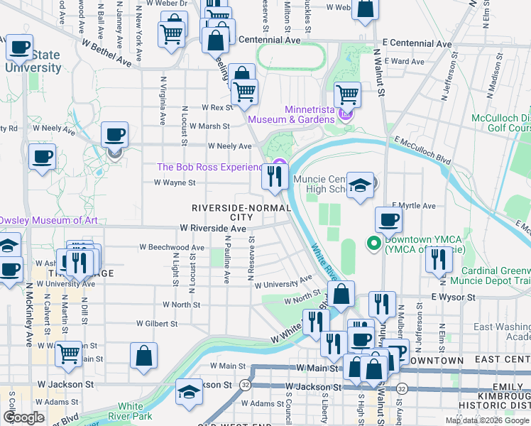 map of restaurants, bars, coffee shops, grocery stores, and more near 615 West Queen Street in Muncie