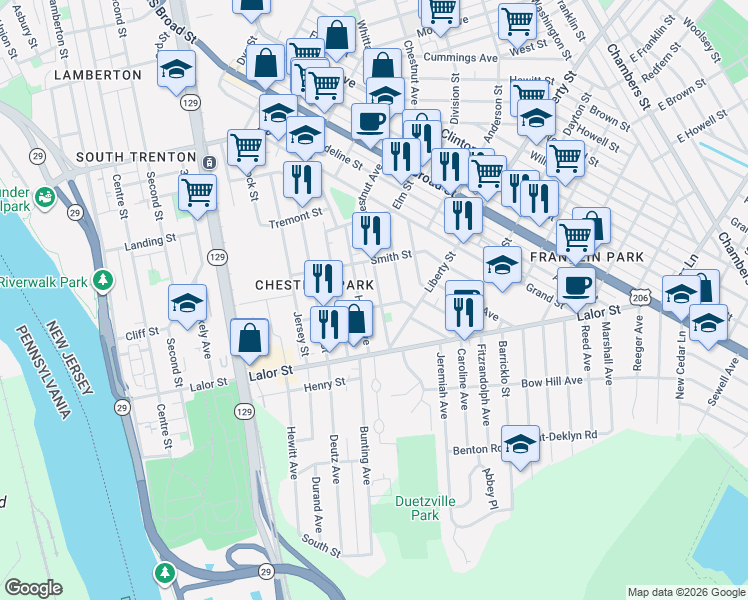 map of restaurants, bars, coffee shops, grocery stores, and more near 145 Barnt Avenue in Trenton