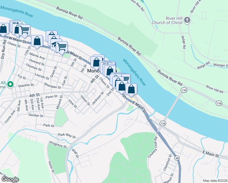 map of restaurants, bars, coffee shops, grocery stores, and more near 210 2nd Street in Monongahela