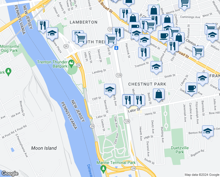 map of restaurants, bars, coffee shops, grocery stores, and more near 384 3rd Street in Trenton