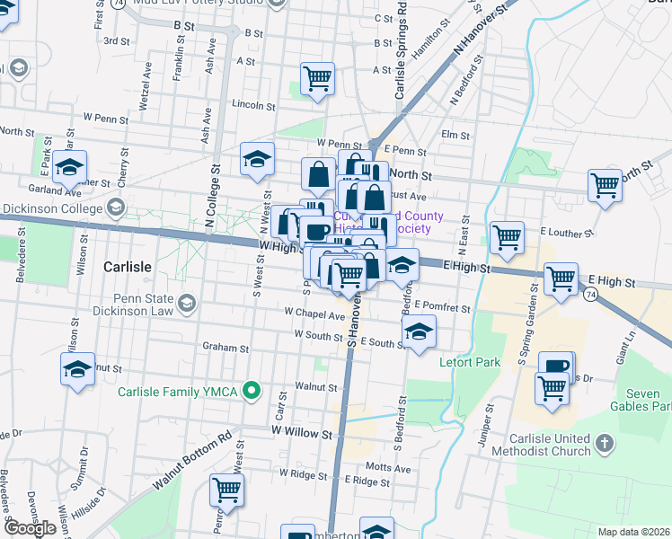 map of restaurants, bars, coffee shops, grocery stores, and more near 9 West Church Avenue in Carlisle