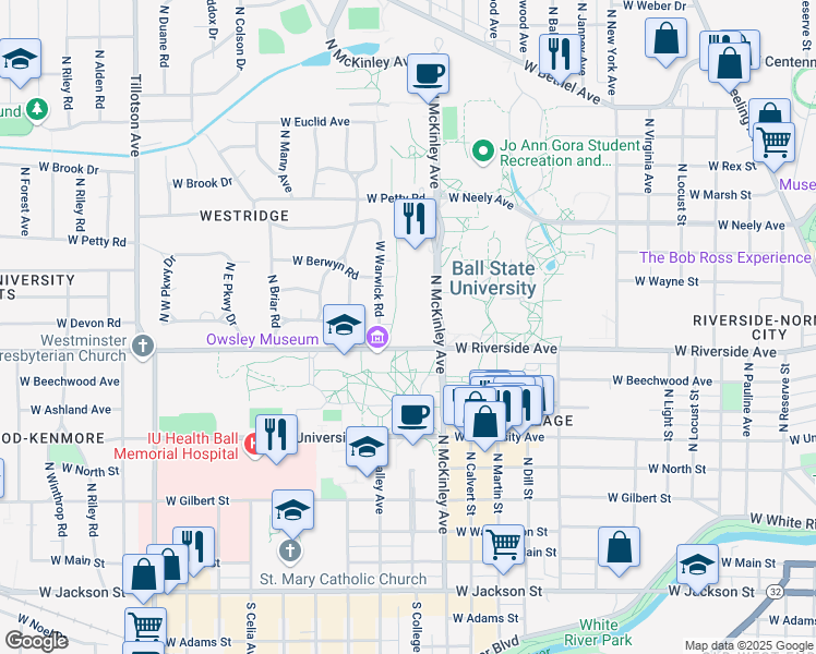 map of restaurants, bars, coffee shops, grocery stores, and more near 2038-2086 West Riverside Avenue in Muncie