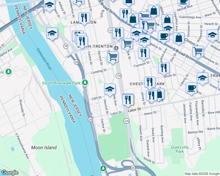 map of restaurants, bars, coffee shops, grocery stores, and more near 656 Second Street in Trenton