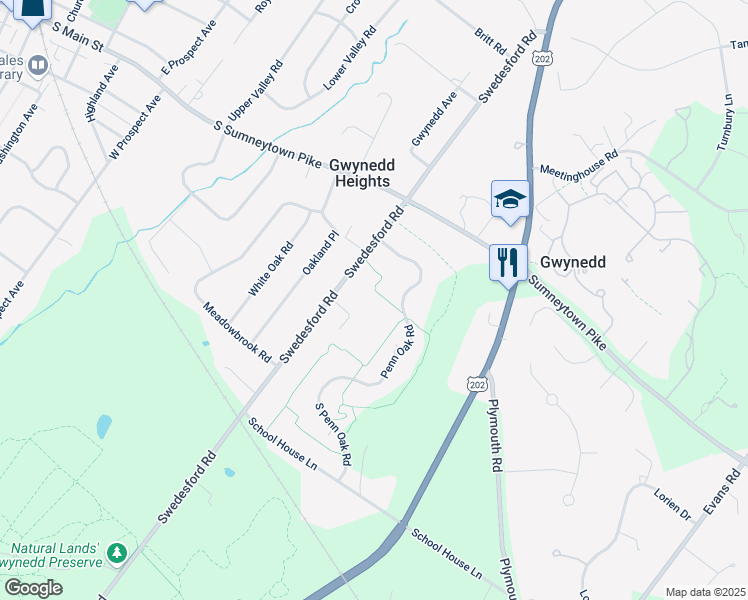 map of restaurants, bars, coffee shops, grocery stores, and more near 959 North Penn Oak Road in Gwynedd Valley