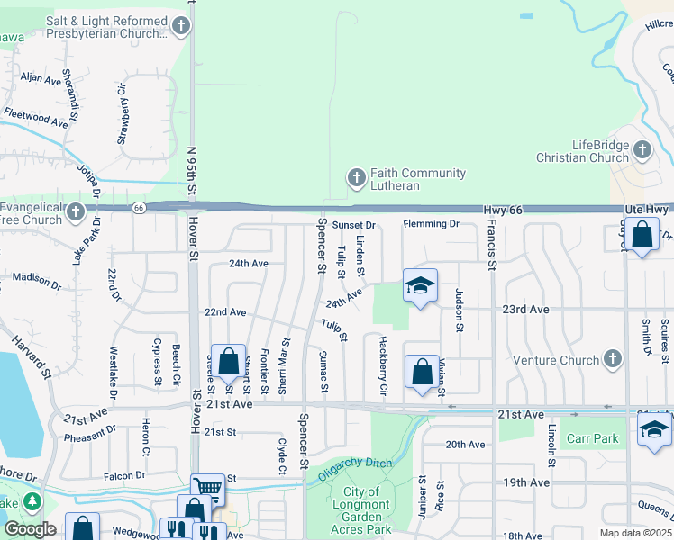 map of restaurants, bars, coffee shops, grocery stores, and more near 2431 Tulip Street in Longmont