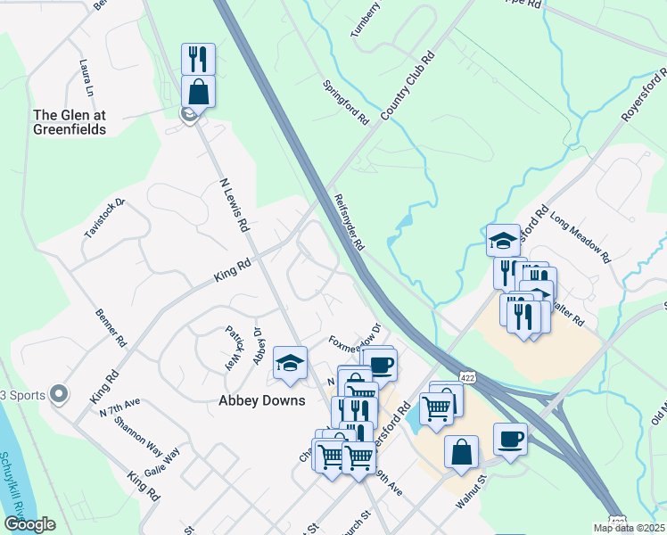 map of restaurants, bars, coffee shops, grocery stores, and more near 2002 Foxmeadow Drive in Royersford