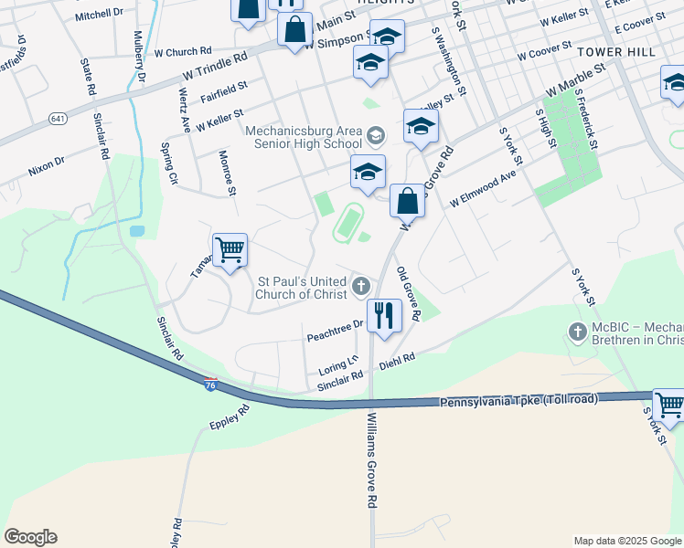 map of restaurants, bars, coffee shops, grocery stores, and more near 658 William Way in Mechanicsburg