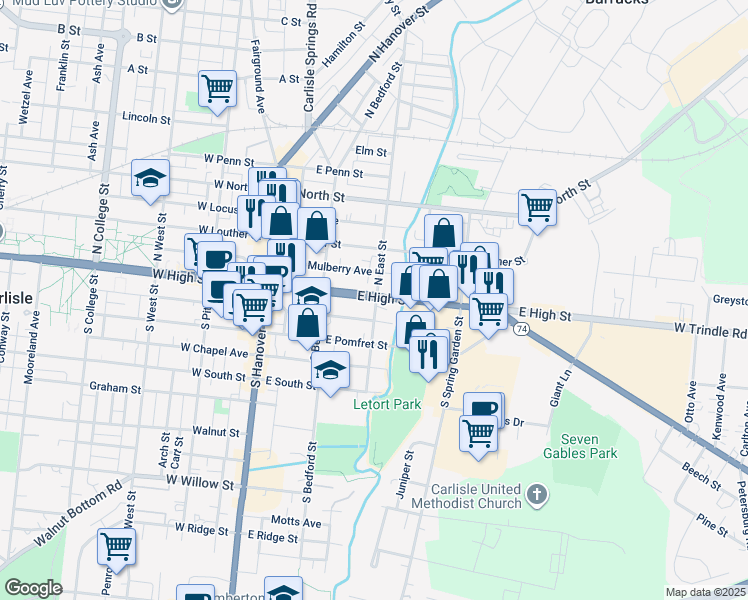 map of restaurants, bars, coffee shops, grocery stores, and more near 176 East High Street in Carlisle