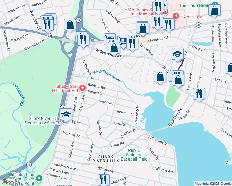 map of restaurants, bars, coffee shops, grocery stores, and more near 213 Robbins Road in Neptune City