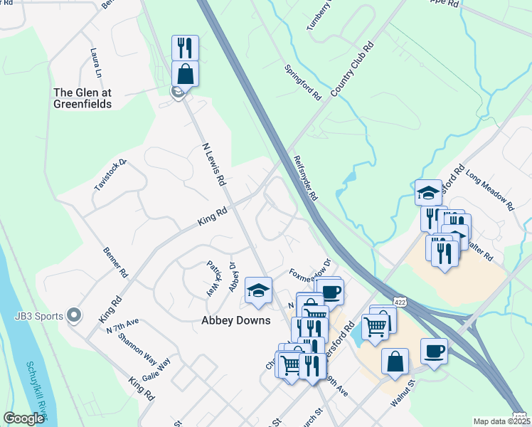 map of restaurants, bars, coffee shops, grocery stores, and more near 2002 Foxmeadow Drive in Royersford
