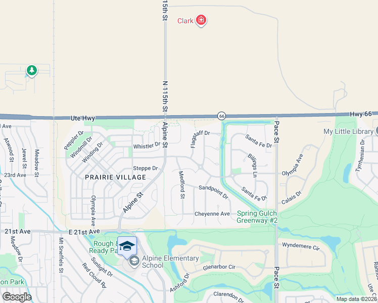 map of restaurants, bars, coffee shops, grocery stores, and more near 2326 Flagstaff Drive in Longmont