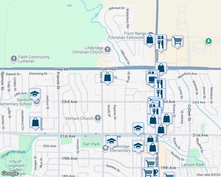 map of restaurants, bars, coffee shops, grocery stores, and more near 2402 Gordon Court in Longmont