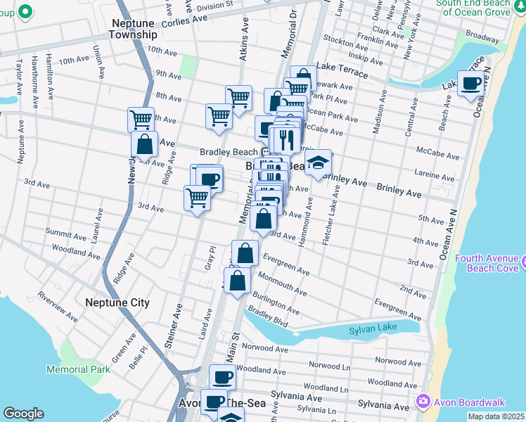 map of restaurants, bars, coffee shops, grocery stores, and more near 407 Main Street in Bradley Beach