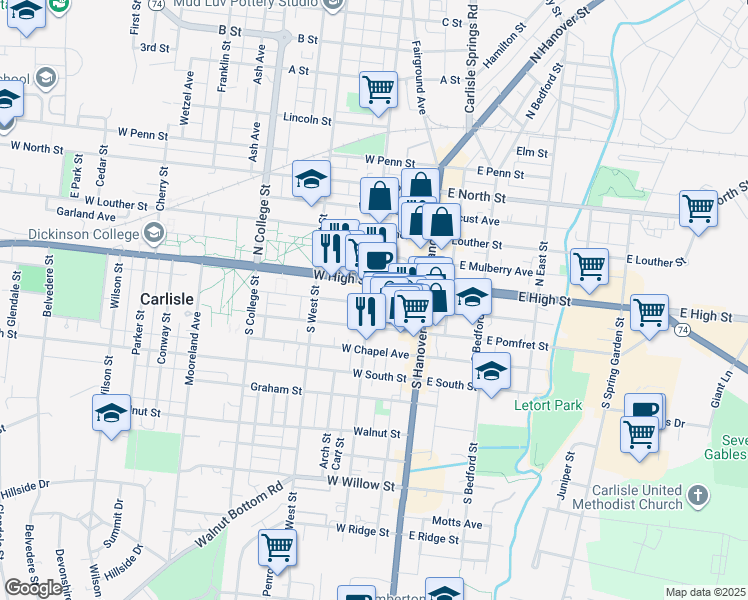 map of restaurants, bars, coffee shops, grocery stores, and more near 56 West High Street in Carlisle