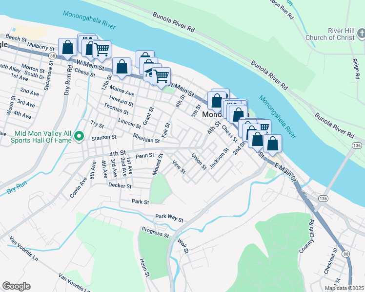 map of restaurants, bars, coffee shops, grocery stores, and more near 506 Lincoln Street in Monongahela