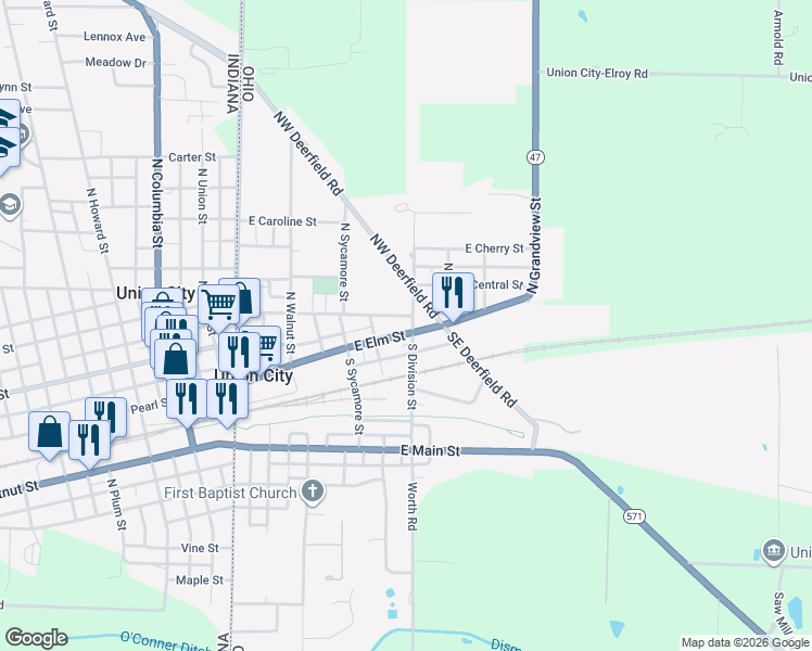 map of restaurants, bars, coffee shops, grocery stores, and more near 631 East Elm Street in Union City