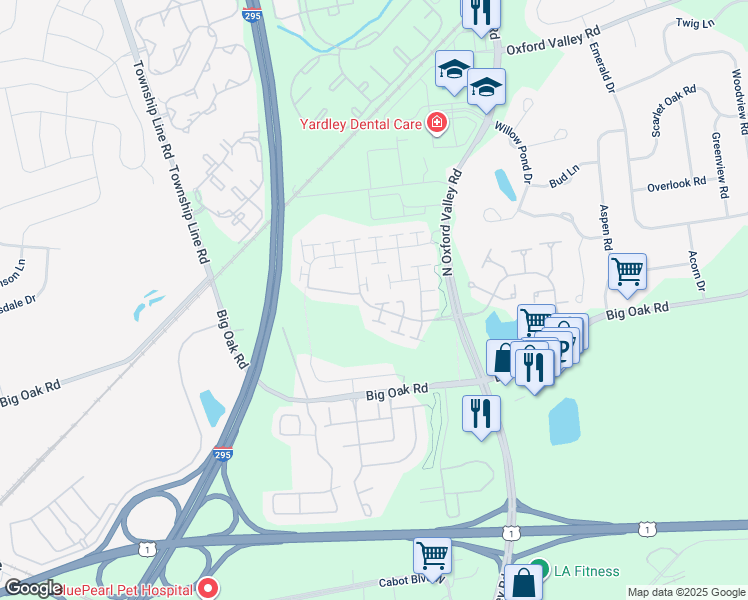 map of restaurants, bars, coffee shops, grocery stores, and more near 1712 Hayes Road in Yardley