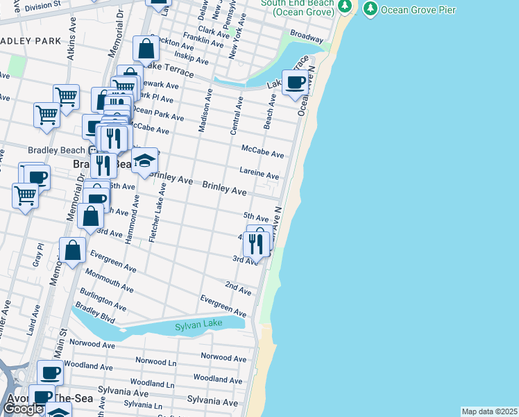 map of restaurants, bars, coffee shops, grocery stores, and more near 107 Brinley Avenue in Bradley Beach