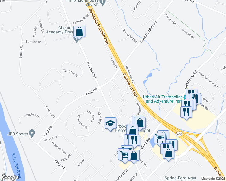 map of restaurants, bars, coffee shops, grocery stores, and more near 2016 Foxmeadow Drive in Royersford