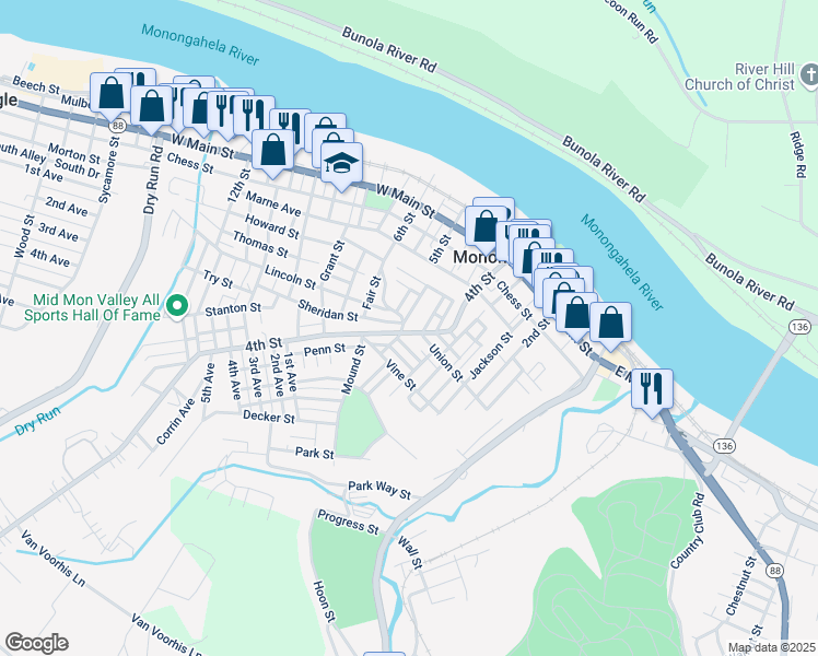 map of restaurants, bars, coffee shops, grocery stores, and more near 514 4th Street in Monongahela