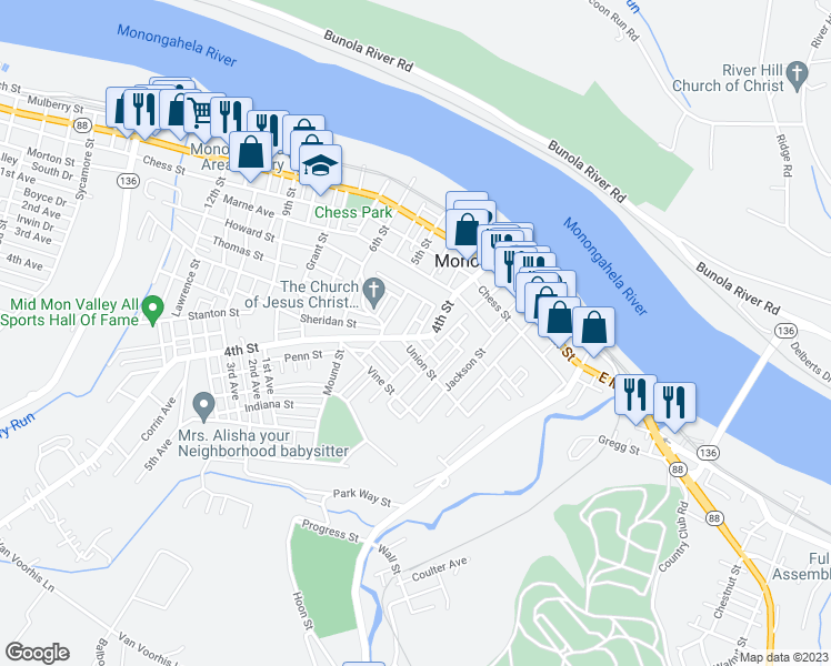 map of restaurants, bars, coffee shops, grocery stores, and more near 444 4th Street in Monongahela