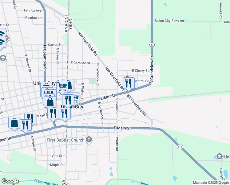 map of restaurants, bars, coffee shops, grocery stores, and more near 631 East Elm Street in Union City