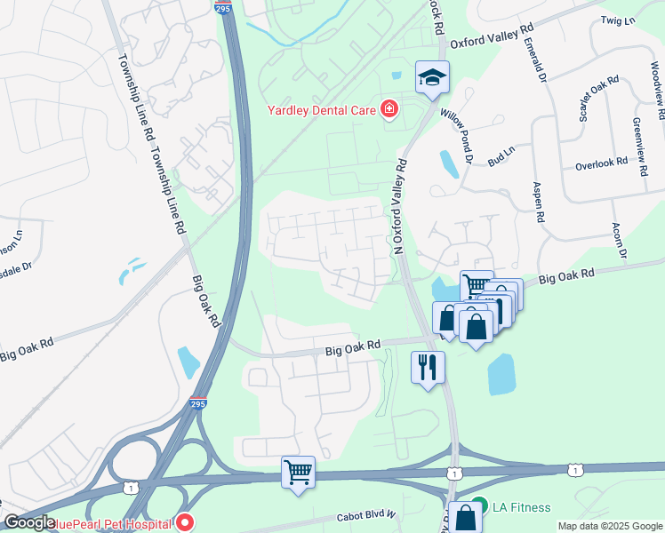 map of restaurants, bars, coffee shops, grocery stores, and more near 1712 Hayes Road in Yardley