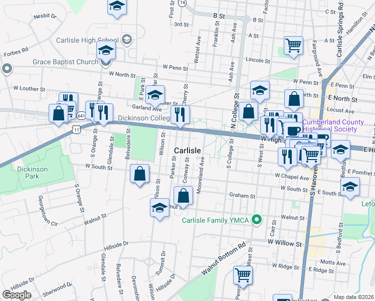 map of restaurants, bars, coffee shops, grocery stores, and more near in Carlisle