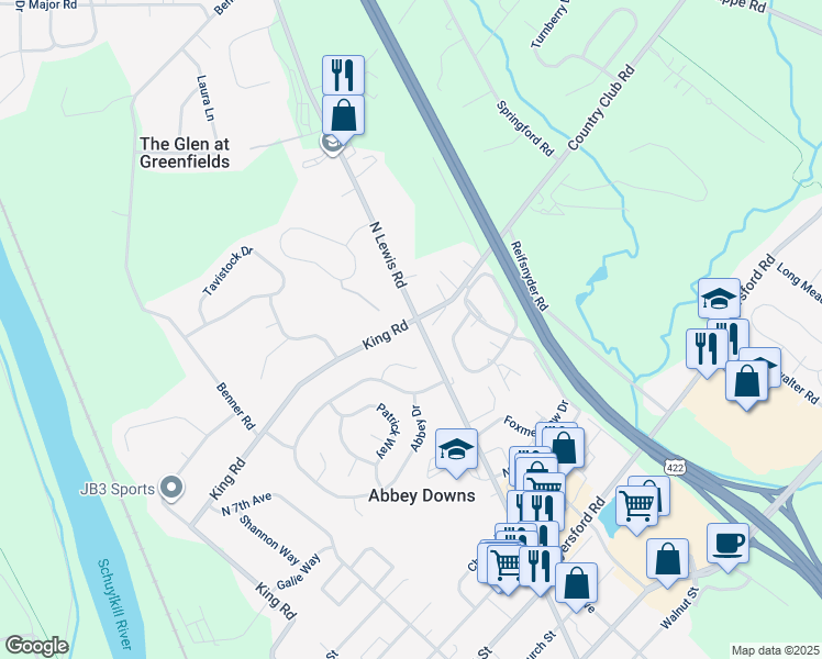 map of restaurants, bars, coffee shops, grocery stores, and more near 389 North Lewis Road in Royersford